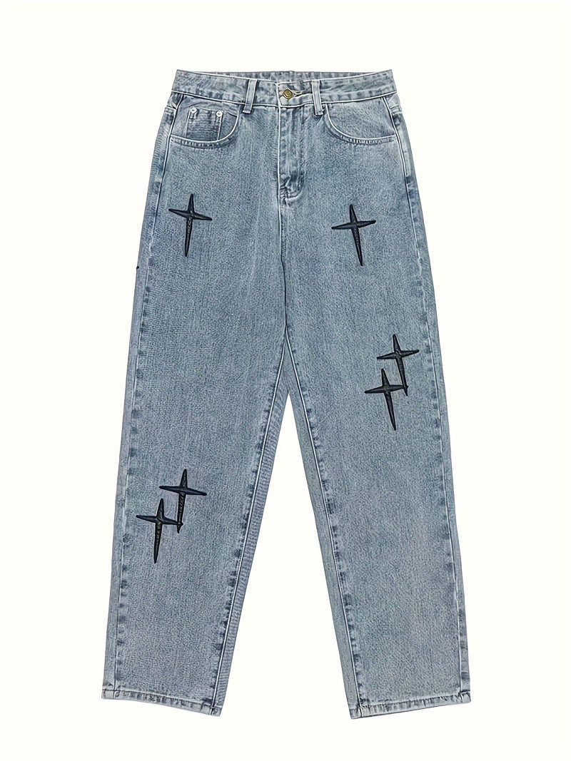 Cross-Pattern Relaxed Denim Pants